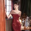 Niche Evening Dress Women's   New Red Fishtail Dress Sleeveless Shoulder Engagement Toasts Can Be Worn Daily