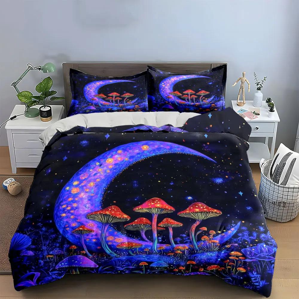Fantasy Moon and Mushrooms Set Soft Comfortable Duvet Cover Bedding Set Included 1*Duvet Cover & 2*Pillowcases Gift