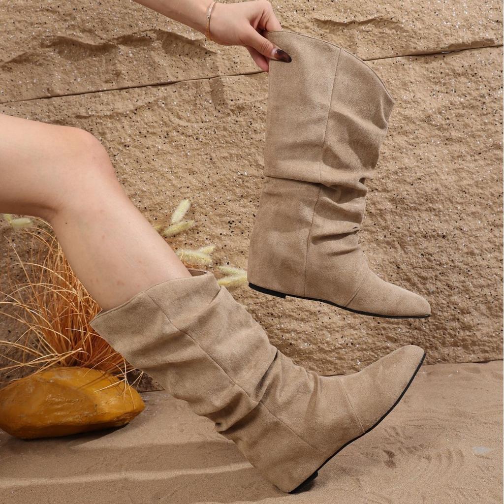 2025 new inner height-increasing suede pleated stacking boots women's 2025 autumn and winter new pointed western cowboy boots lapel