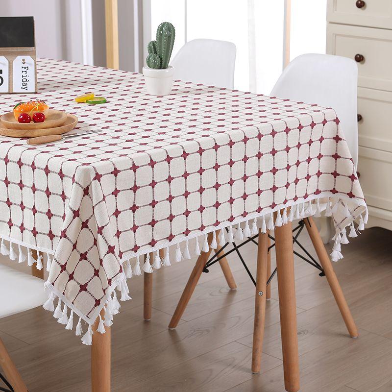 

Скатерть 2025 Новое поступление Доступная роскошь Нарядная Хлопково-льняная ткань Овальный Круглый стол Прямоугольный Обеденный стол Гостиная Пасторальный стиль Xia Xi-Tassel Edge-Wine Red Lattice 60*60cm