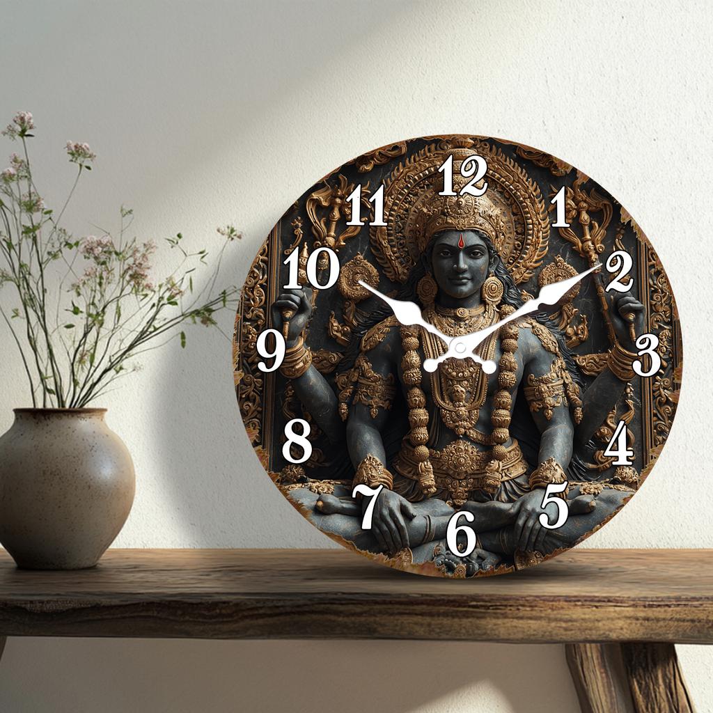 Intricate Hindu Goddess Statue Design Round Wall Clock, Spiritual Decorative Clock with Ornate Details, Unique Wall Watch for Me
