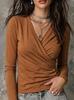 Top Casual da Donna Autunnale con Scollo a V Incrociato, Maniche Lunghe e Pieghe
