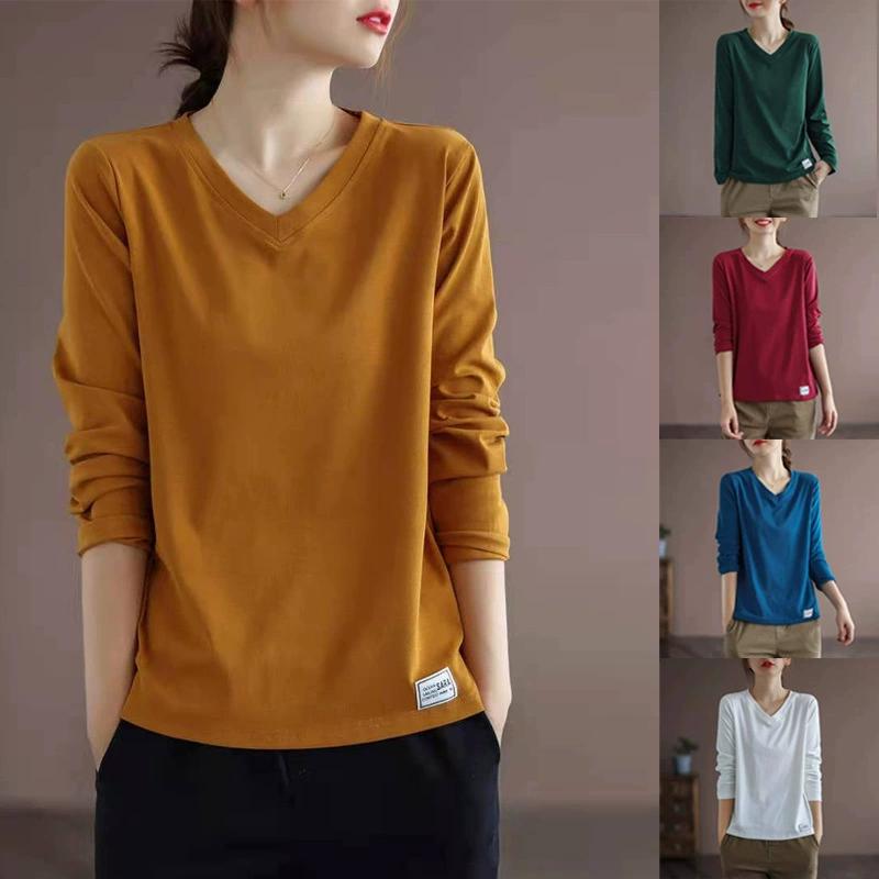 Solid Color Long Sleeved T-shirt Women's Plus Size Women's Loose Base Shirt Top Trend