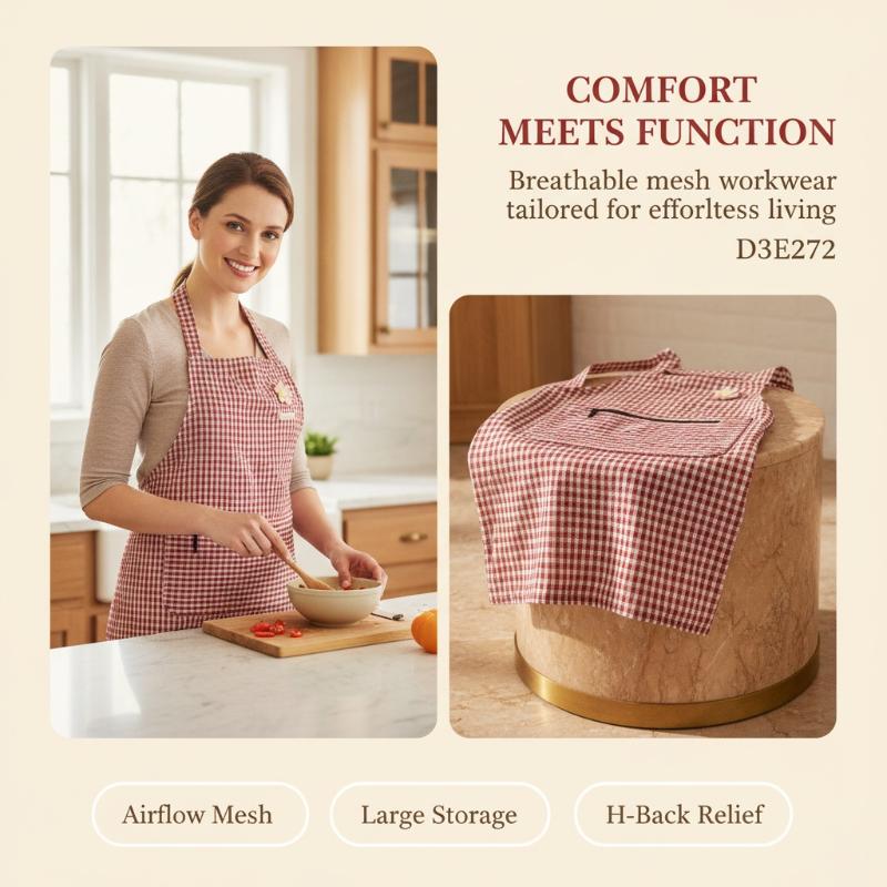 Cotton Plaid Kitchen Apron Large Storage Pocket Cute Flower Design For Home Cooking Baking Cleaning