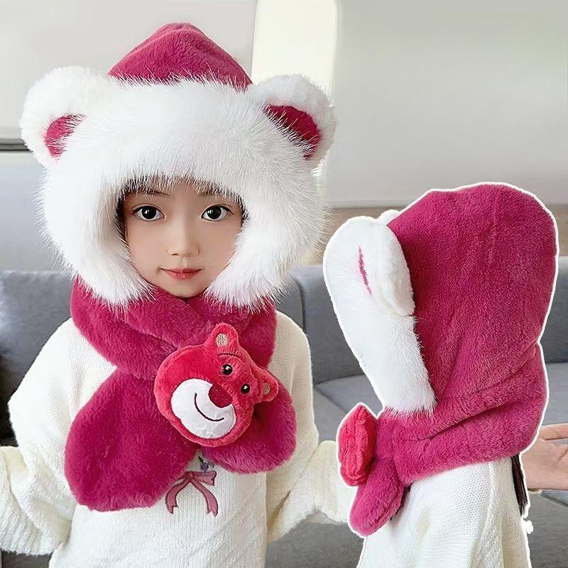 Children's Hat and Scarf Integrated Thickened Scarf with Fleece, Winter Girls' Windproof Ear-protecting Plush Warm Hat