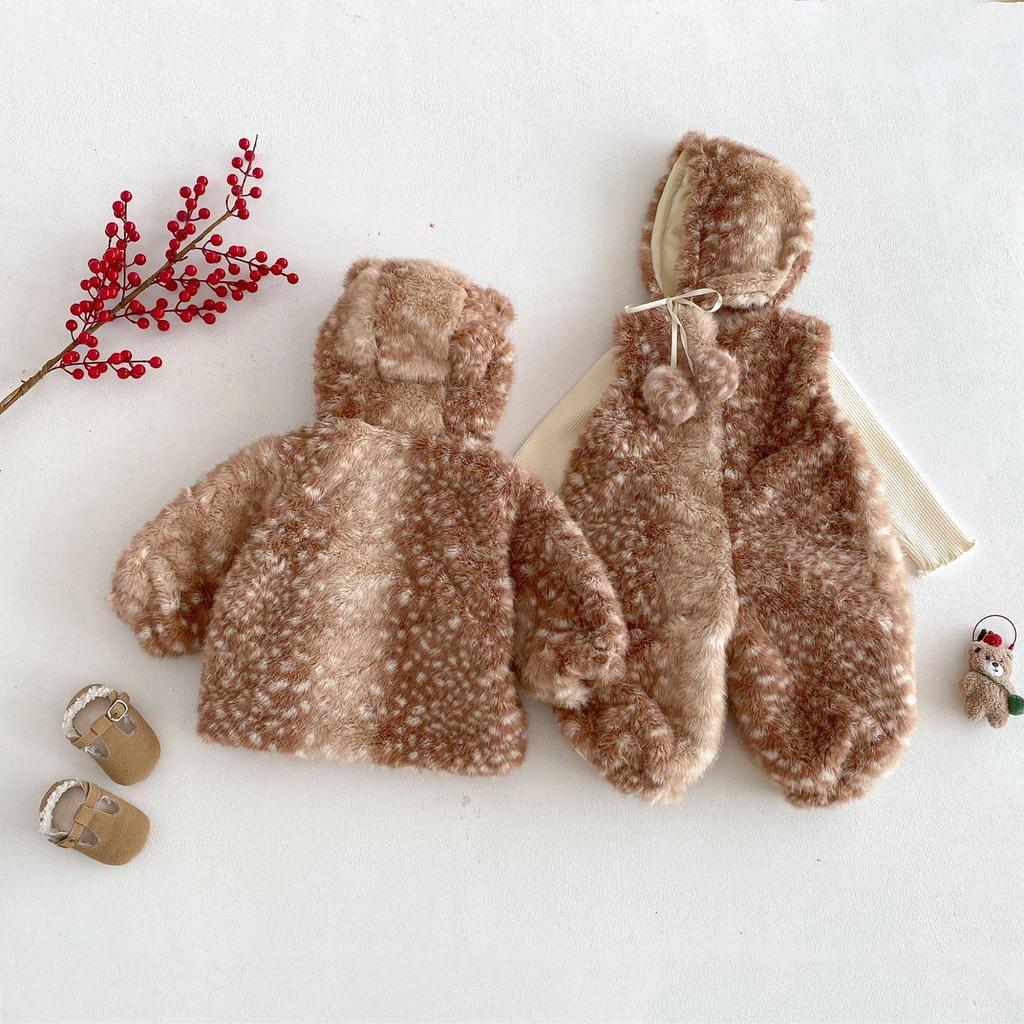 Children's Winter Deer Hooded Romper: 2025 Korean-Style Fleece-Lined Pants for Girls - Super Cute!