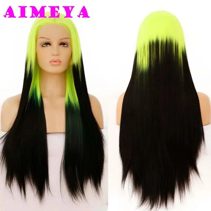 AIMEYA Ombre Blue Wig Colored Lace Front Wigs for Women Long Silky Straight Synthetic Hair Heat Resistant Daily Use Cosplay Wig
