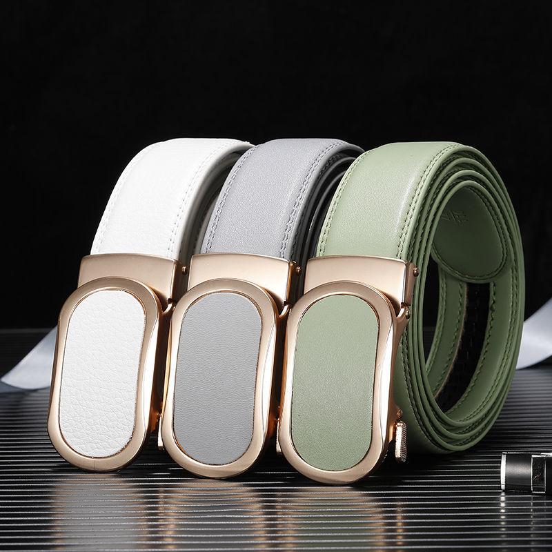 High Quality Leather Belt Yellow Cowhide Red Automatic Buckle Belt Blue White Trouser Belt