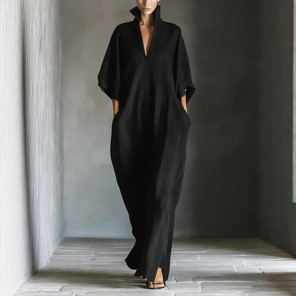 Women's 3/4 Sleeve Stand Collar Robe with Front Zipper Slit Hem Loose Fit Ankle Length Duster Multi Colors