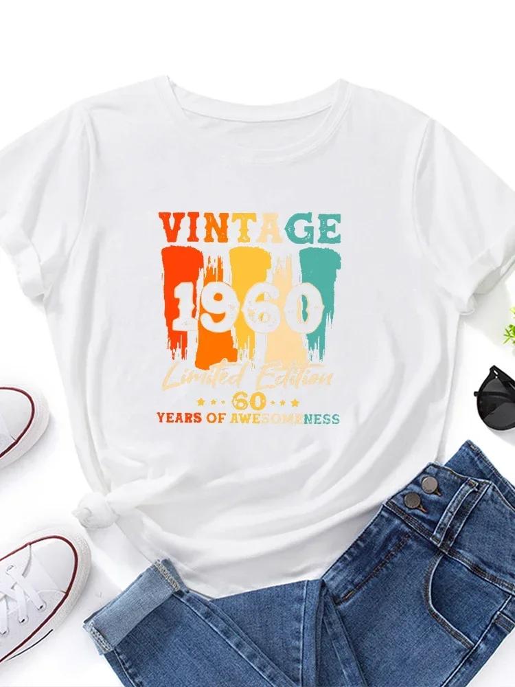 Retro 1960 Letter Printed Womens Tshirt Short Sleeved Round Neck Fashionable Versatile Womens Tshirt Top