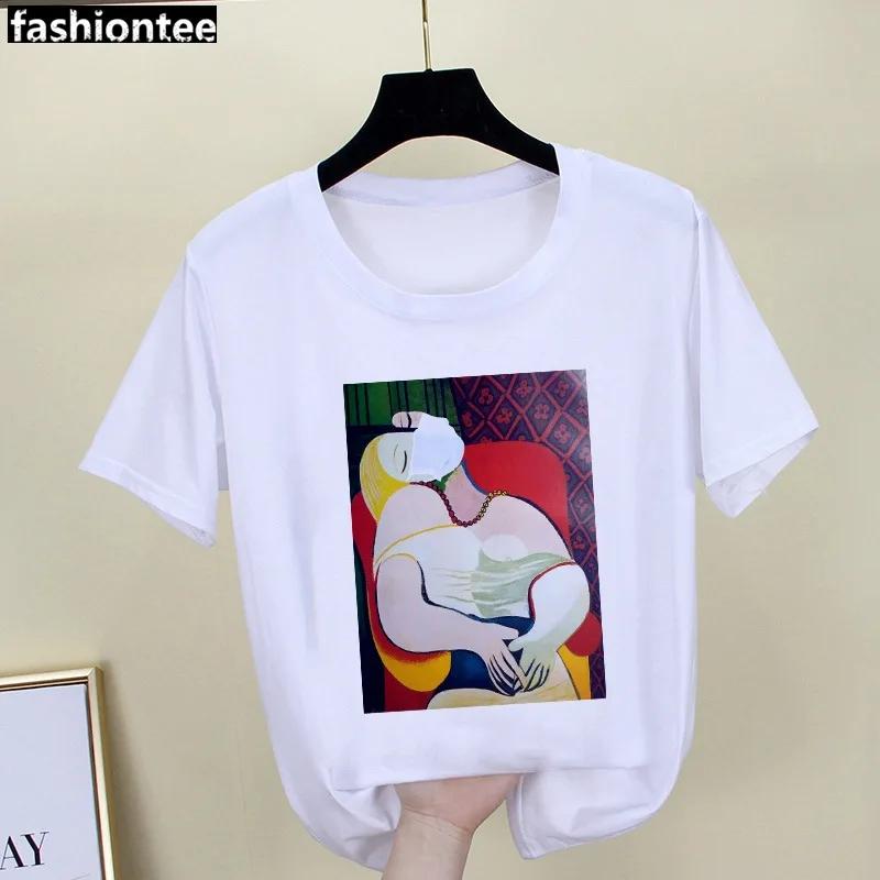 Parody Retro Oil Painting Print Ladies Simple Loose White Round Neck Short Sleeve T-shirt Women Clothing Graphic Tops Harajuku