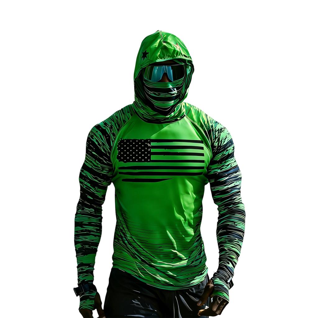 Long Sleeve Hooded Shirt with Face Covering and Flag Print Lightweight Pullover for Outdoor Sports and Activities
