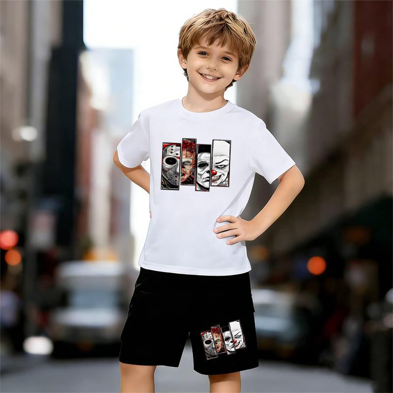 

Boys 2 Piece Cute cartoon print Outfit, Short Sleeve T-Shirt and Shorts Set for Kids Age 5-14, Black and White Sporty Casual Summer Clothes 13-14 Years білий