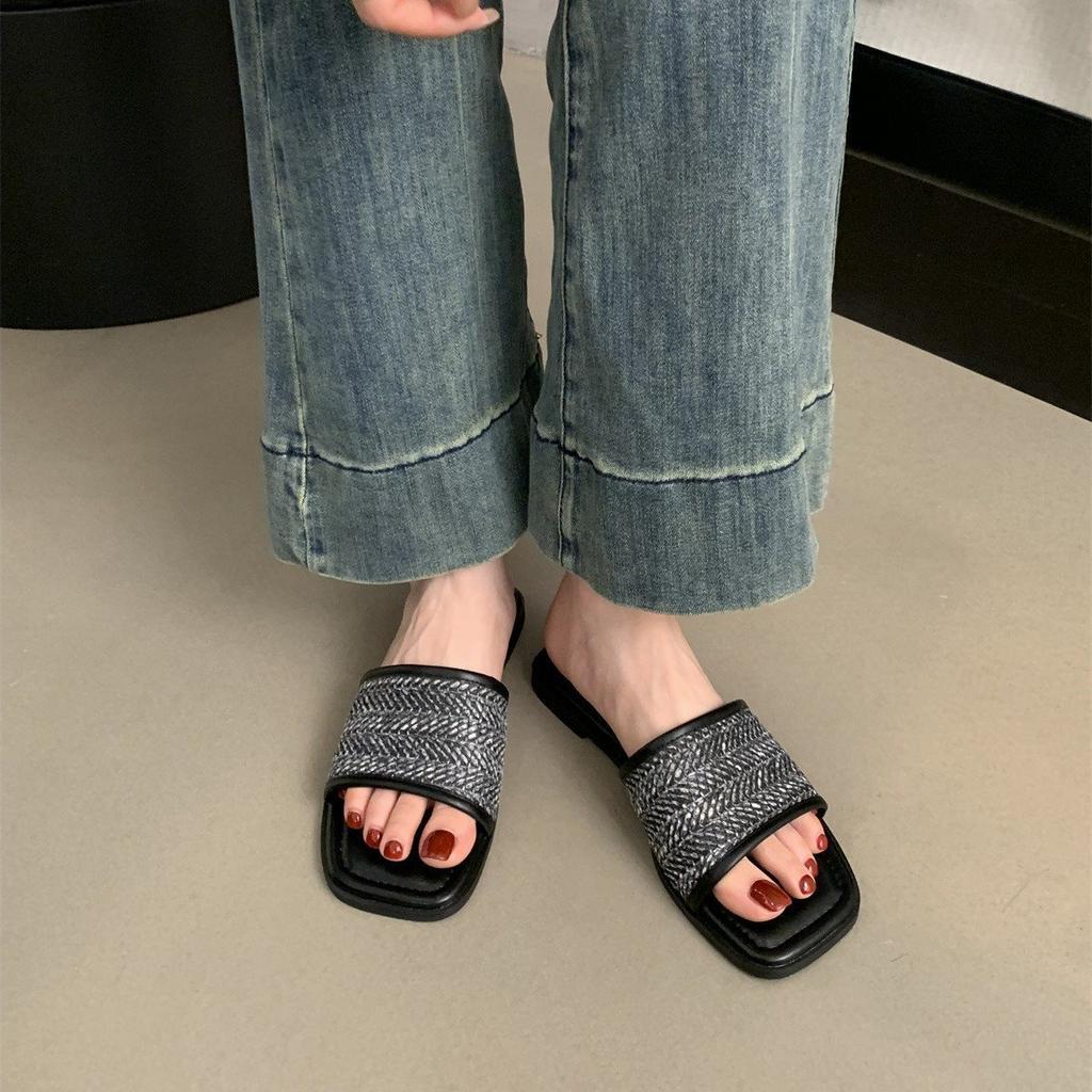 French Shoes, Sandals, Woven Small Summer Soft Soles, Beach Cool Slippers, Women'S Flat Bottom One-Word Drag