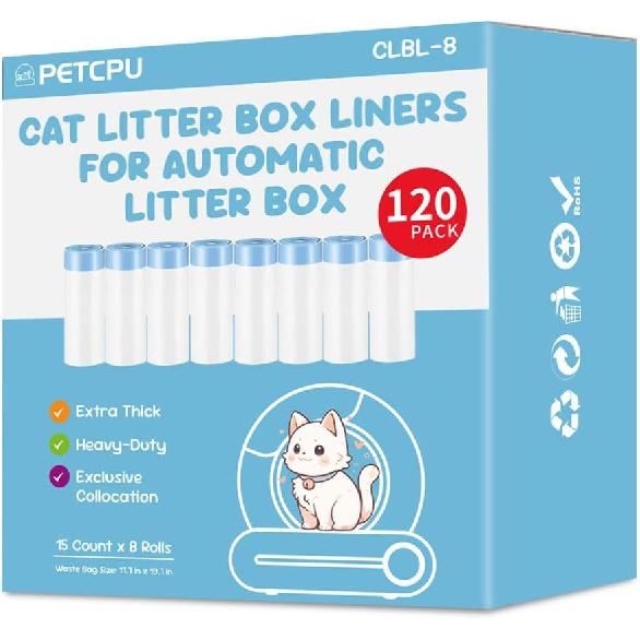 120 Count Cat Litter Box Liners for Self-Cleaning Cat Litter Box, Replacement Kitty Litter Liners, 8 Rolls Drawstring Waste Bags for Small Automatic