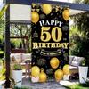 Happy 50th Birthday Decorations for Men & Women, Black Gold 50 Birthday Banner Backdrop, 50 Years Old Party Decor, Fabric Door Decor Yard Sign Photo