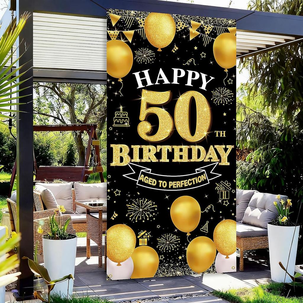 Happy 50th Birthday Decorations for Men & Women, Black Gold 50 Birthday Banner Backdrop, 50 Years Old Party Decor, Fabric Door Decor Yard Sign Photo