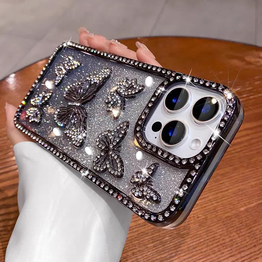 

3D Бабочка Блестящий Чехол Для iPhone 16 15 14 13 12 11 Pro Max Plus Обложка Алмазный Глиттер Стразы Блинг Сверкающий Девушки Женщины Горячий For iphone 11 Promax чёрный