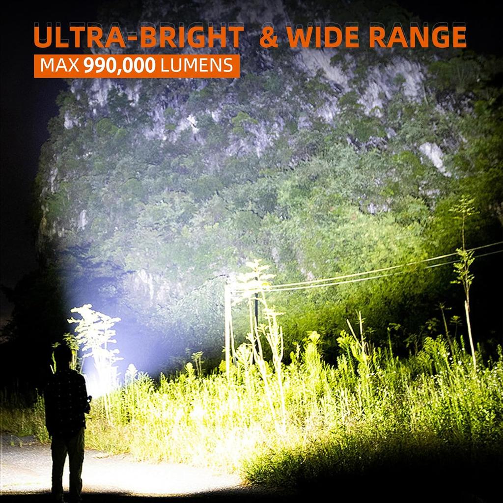 Rechargeable LED Flashlights High Lumens, 900,000 Lumens Super Bright Tactical Flashlight, 7 Modes with Cob Work Light, IPX7 Waterproof, Powerful