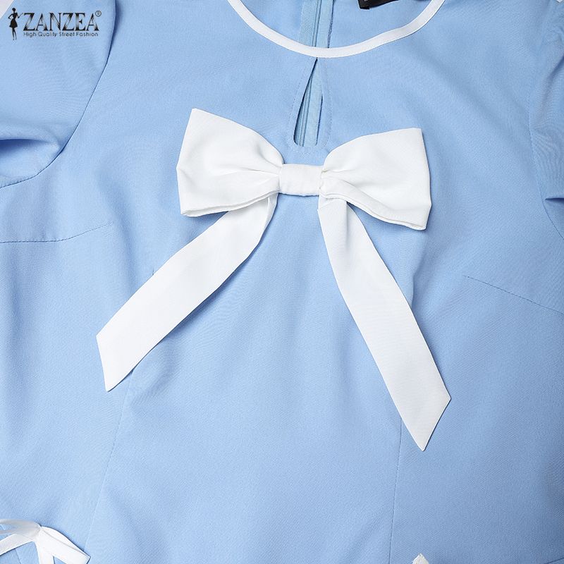 ZANZEA Damen Elegantes Lässiges Rundhals Sommerkleid mit Kurzen Ärmeln