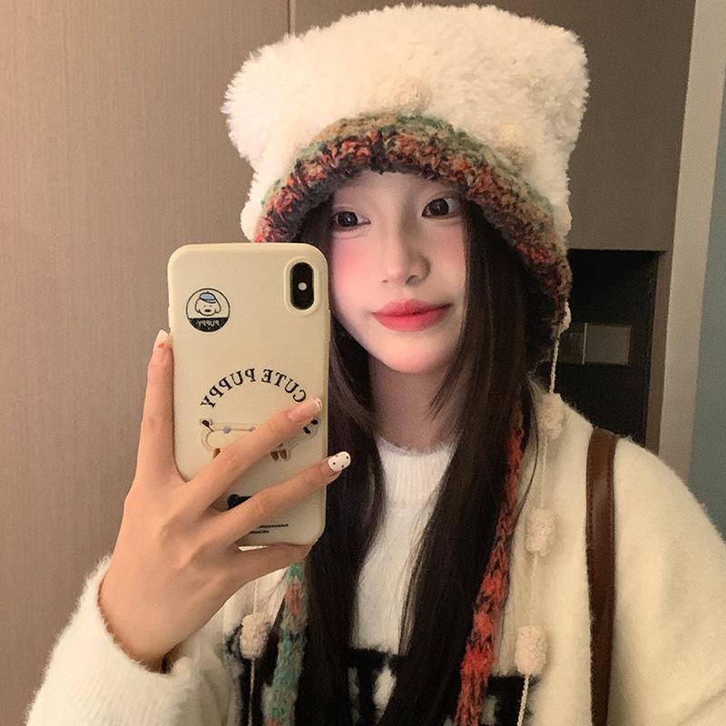 Autumn and Winter Cute Bear Plush Knitted Hat Children Colored Strap Ear Protector Hat Shows Small Face