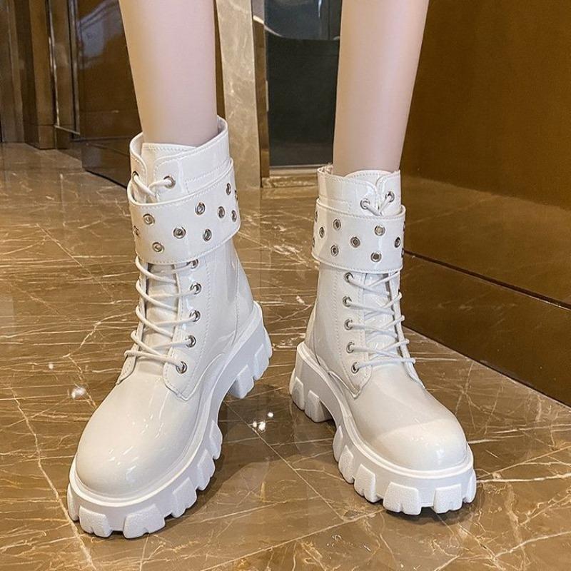 Fashion Women's Platform Patent Leather Boots Zipper Calf Short Leg Knight Boot Women Waterproof Round Toed Thick-soled Boot Botas Mujer