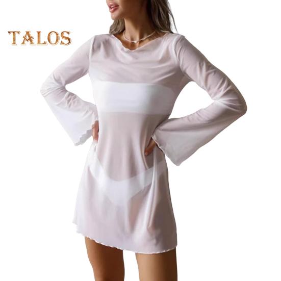 

Женский сексуальный прозрачный сетчатый купальник, накидка с круглым вырезом и длинными рукавами-колокольчиками, пляжное облегающее мини-платье, летнее бикини-накидка L белый