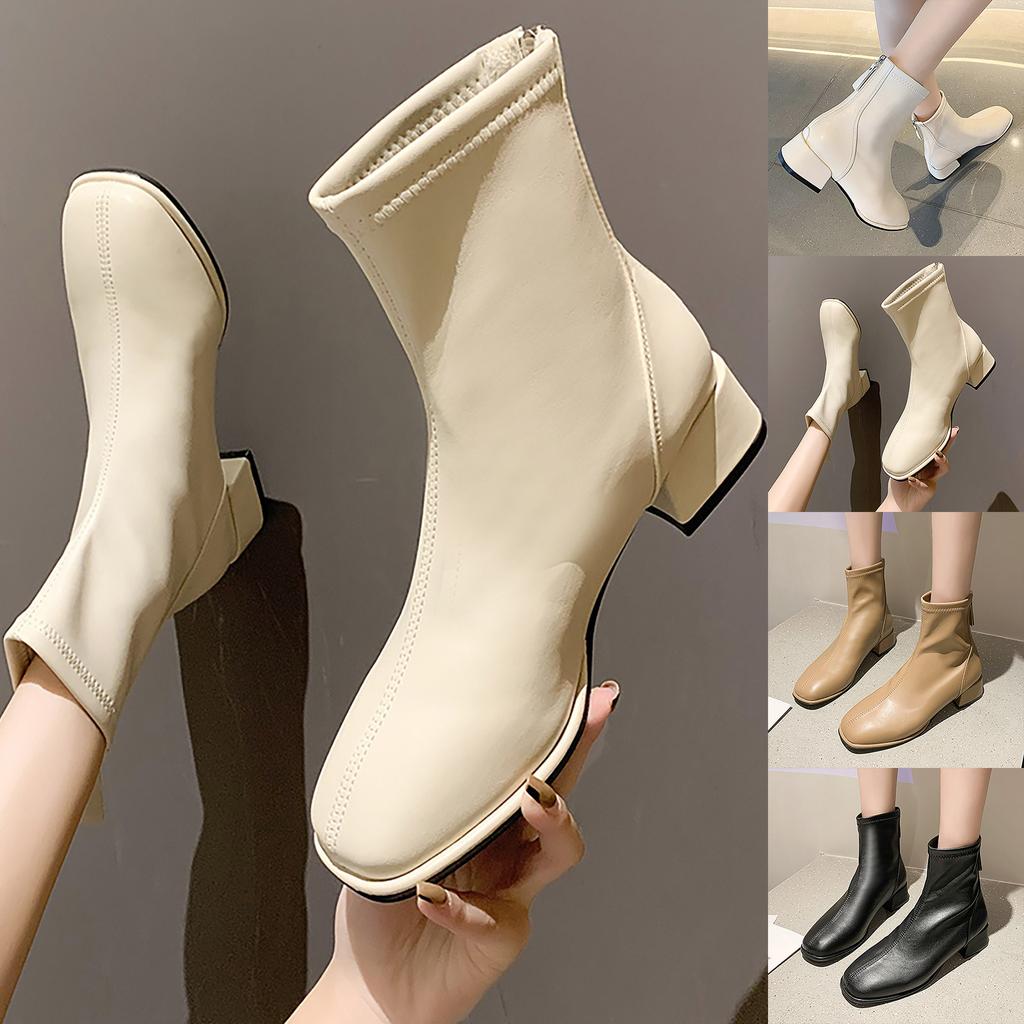 Fashion Women Artificial Leather Solid Color Thick Sole Square Heels Zipper Short Booties Square Toe Shoes Boots Size 6 Women