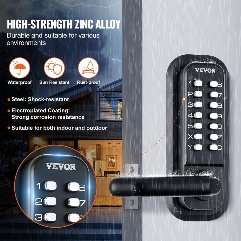 Mechanical Keyless Entry Door Lock, 14 Digit Keypad, Double-sided Embedded Outdoor Gate Door Locks Set with Keypad and Handle, Water-proof Zinc Alloy,
