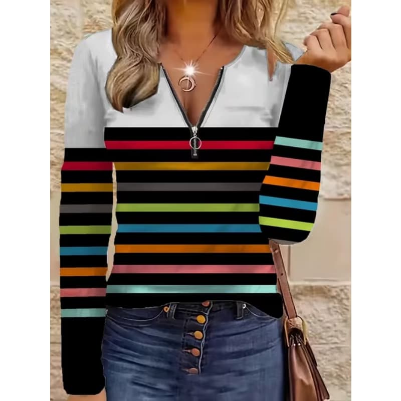 T-shirt da donna con stampa creativa, zip e maniche lunghe, traspirante, morbida e confortevole, adatta per l'abbigliamento casual tutto l'anno