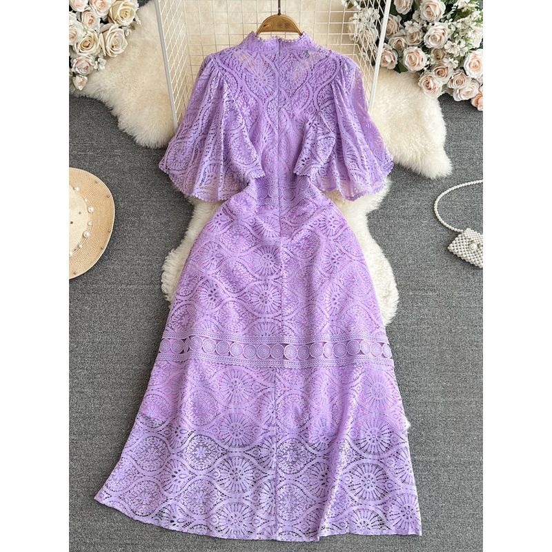 Retro Stand Collar Lace Dress Elegance Large Swing Hook Flower