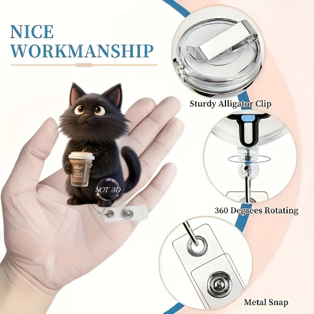 2D Flat Acrylic Black Cat Coffee Cup Retractable Badge Reel, Solid PMMA Clip On ID Holder For Nurse Doctor Medical Student And Office Workplace Staff