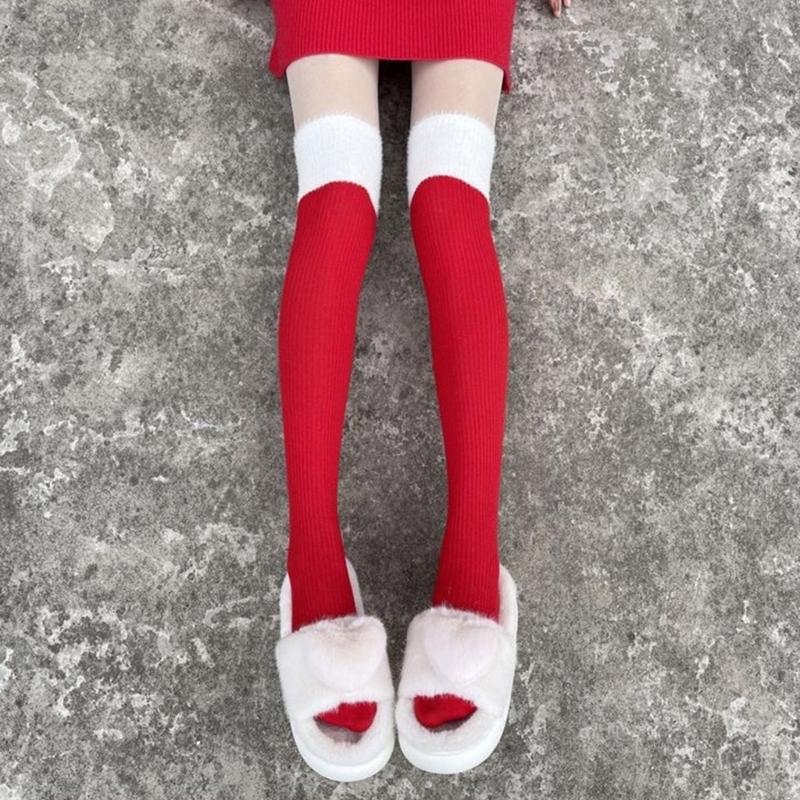 Classical Holiday Themed Cosplay Christmas Thigh High Long Socks for Women Plush Top Patchwork Over the Knee Stockings