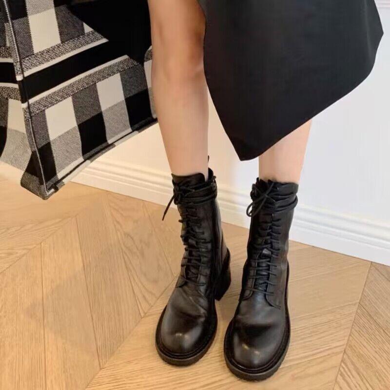 Ann Locomotive Martin Boots Female New Student Versatile Medium Boots Thick Heel Leather Single Boots