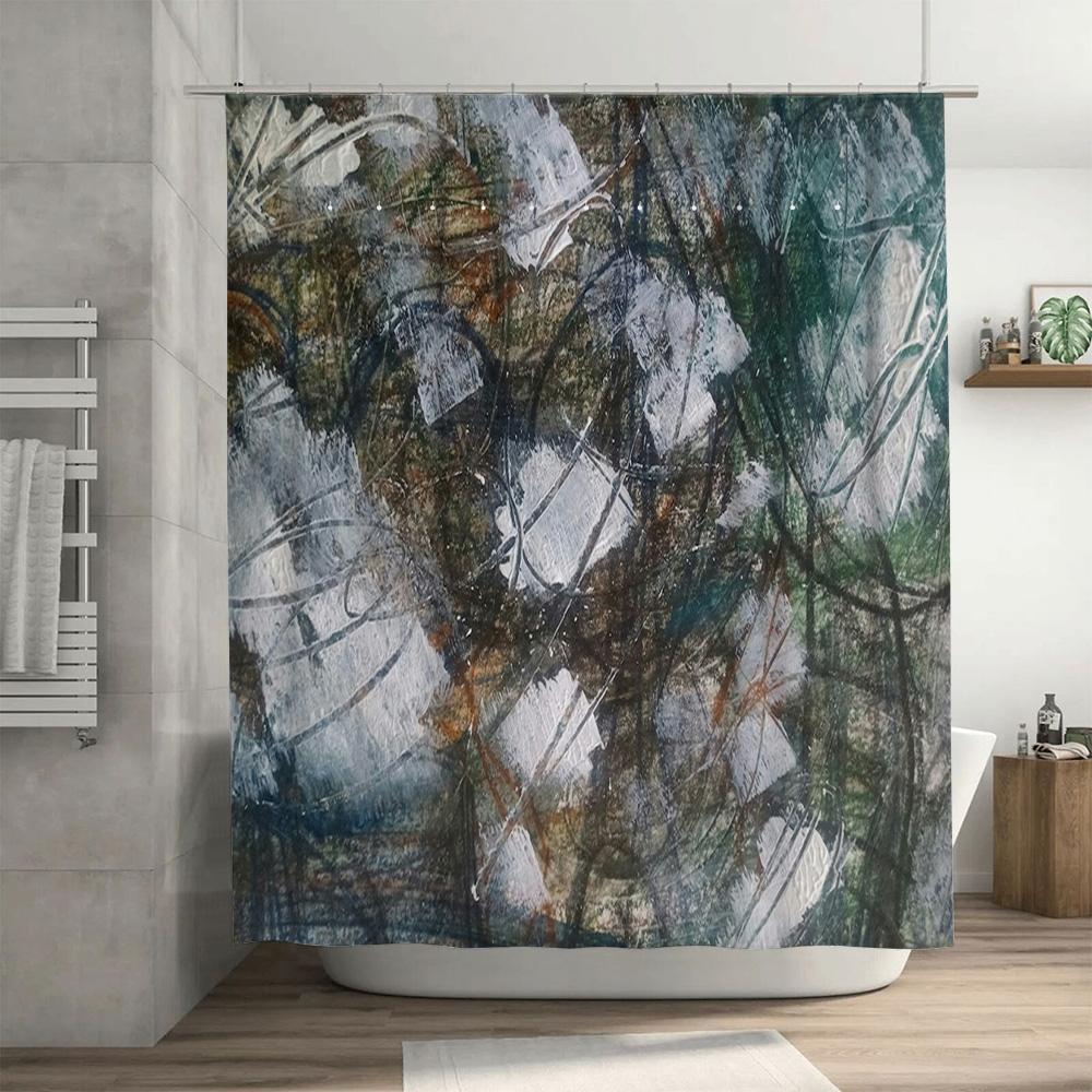 Modern Abstract Print Shower Curtain Set for Bathroom Decor Green/White Colorful Waterproof Fabric with Hooks included