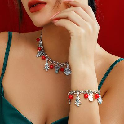 GemChic Halskette und Armband aus Metalllegierung für Damen, Weihnachtsbaum, Schneemann, Glocke, geometrisches Design, zweiteiliges Set, Schmuckgeschenk für Geburtstag und Weihnachten