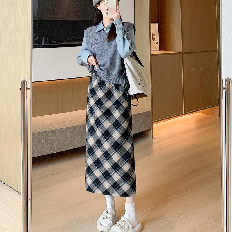 Woolen Hip Skirt Autumn and Winter New Long Skirt for Women All-match High Waist Slim A-line Retro Oblique Plaid Plaid Skirt