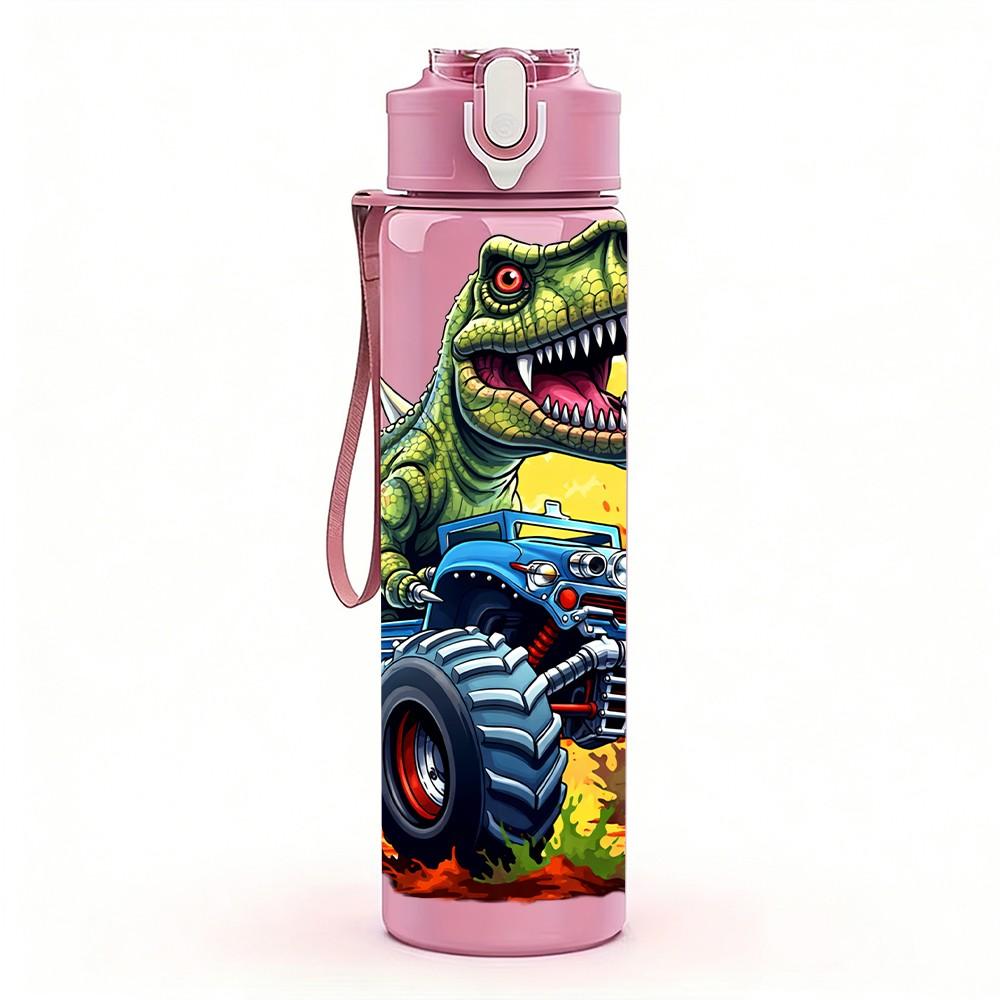 1PC Dinosaur Monster Truck Cartoon 750ml Color Plastic Sports Water Bottle Leakproof Flip Straw Lid Suitable for Sports Office Home Use