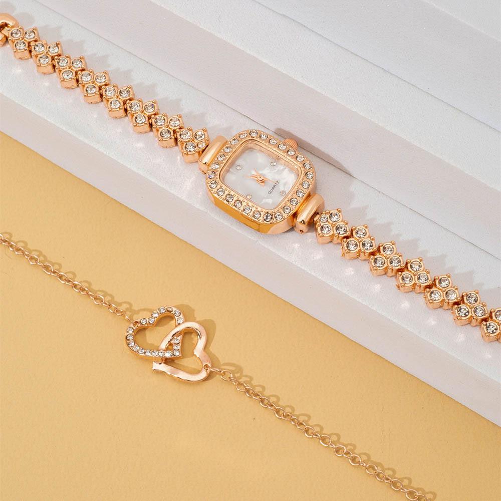 Ladies Trendy Small Sugar Cube Bracelet Watch, Light Luxury Rose Gold Gypsy Star Diamond Set Love Bracelet Set