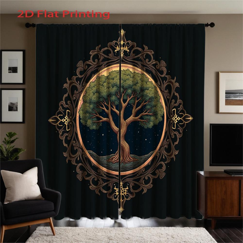 Set Of 2 Flat Printing Curtains Dark Background Tree Circle Ornate Frame Fantasy Style Home Decor Polyester Curtain