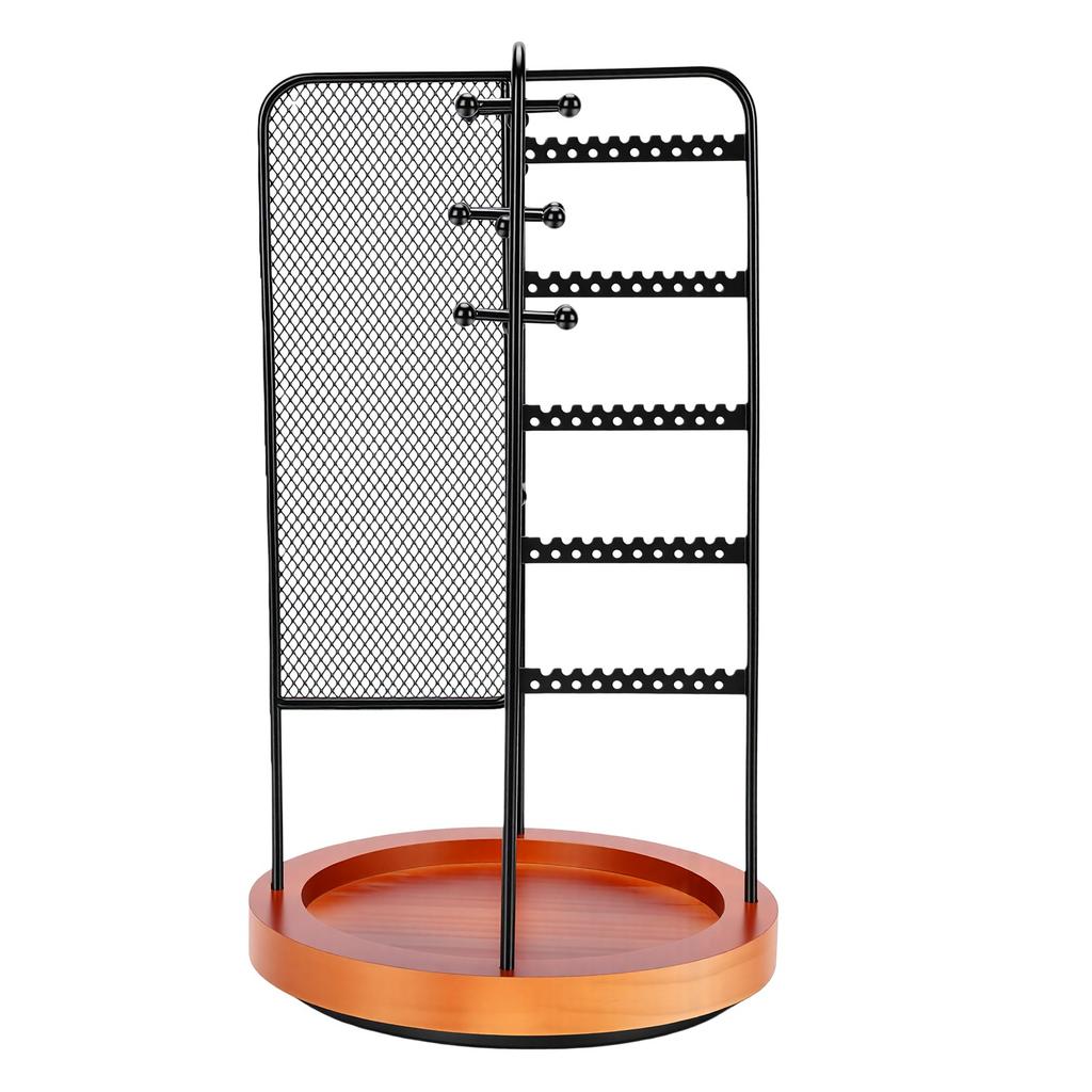 Rotating Jewelry Stand Iron Pine Wood Base Earring Display Holder for Necklace Bracelet Watch Black