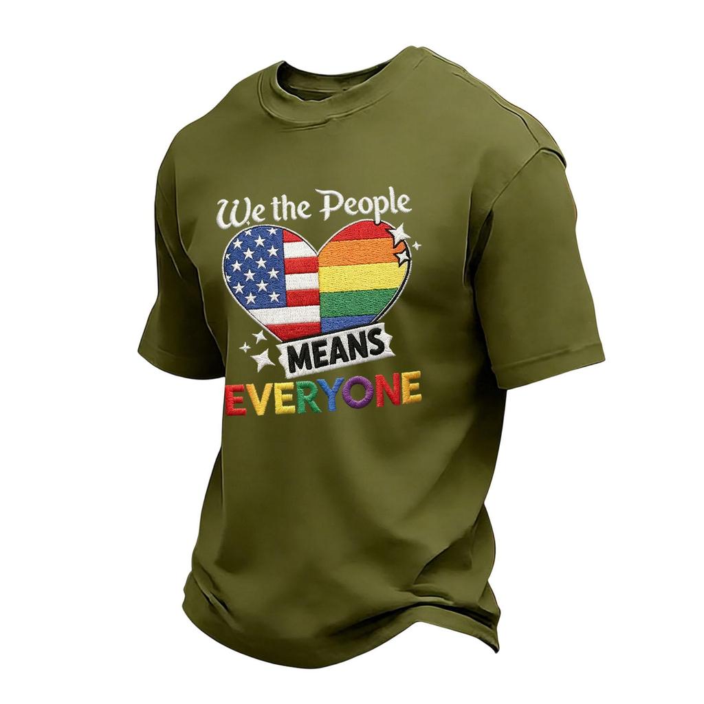 Men's Casual Short Sleeve Crew Neck T-Shirt with Patriotic Heart Print and Lettering Graphic for Everyday Wear