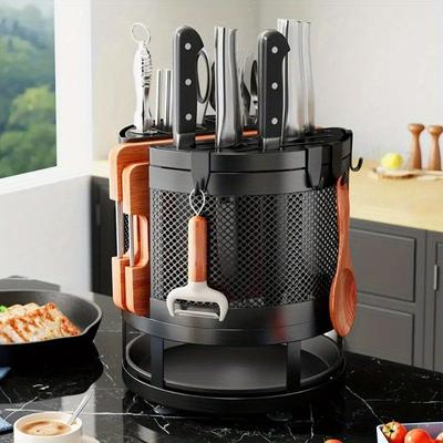 Suporte para pauzinhos rotativo multifuncional, suporte para facas de cozinha domésticas, suporte para armazenamento integrado, caixa de armazenamento de drenagem