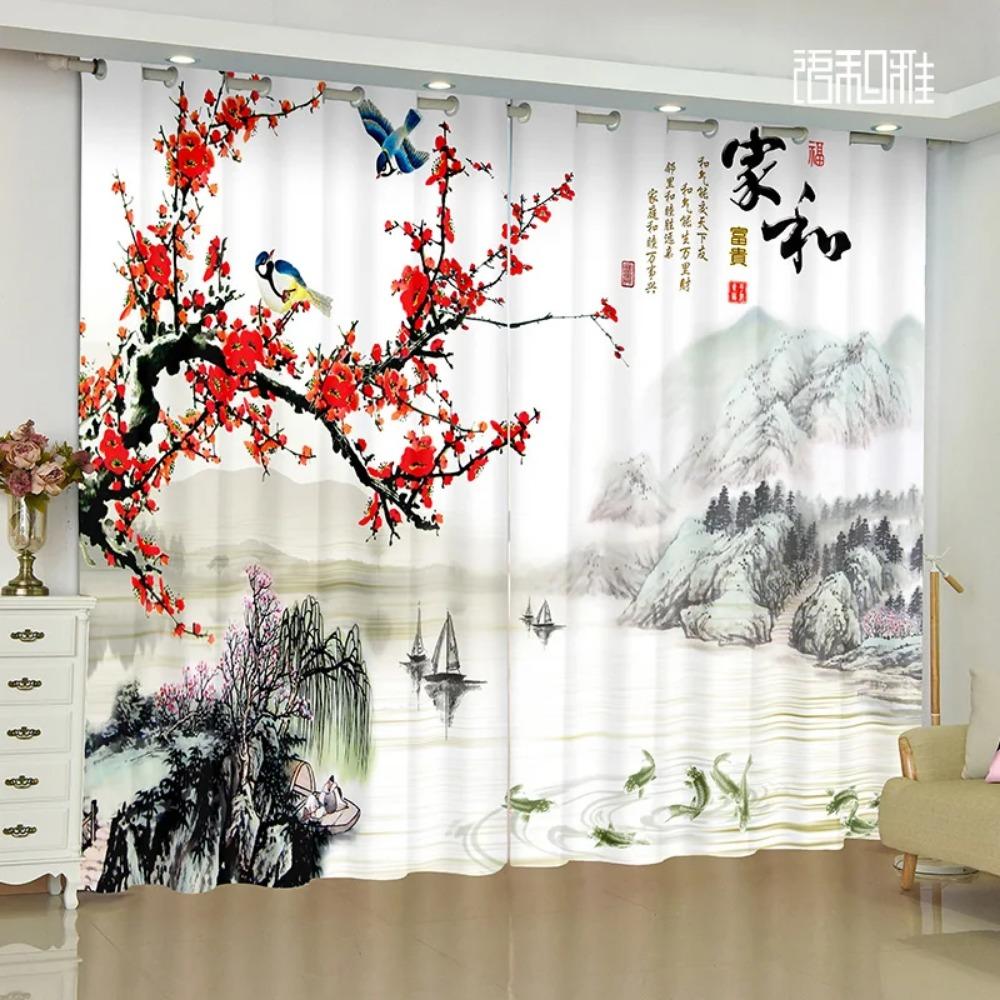 Elegant Luxury Room Chinese Style Landscape Decoration Print Advanced Living Room Study Bedroom Window Shutters Blinds 2panels