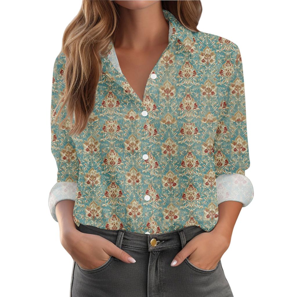 Women's Shirt With Floral Print Buttons, Long Sleeved Casual Regular Shirt  Blouses Casual Plus Size Basic Tops