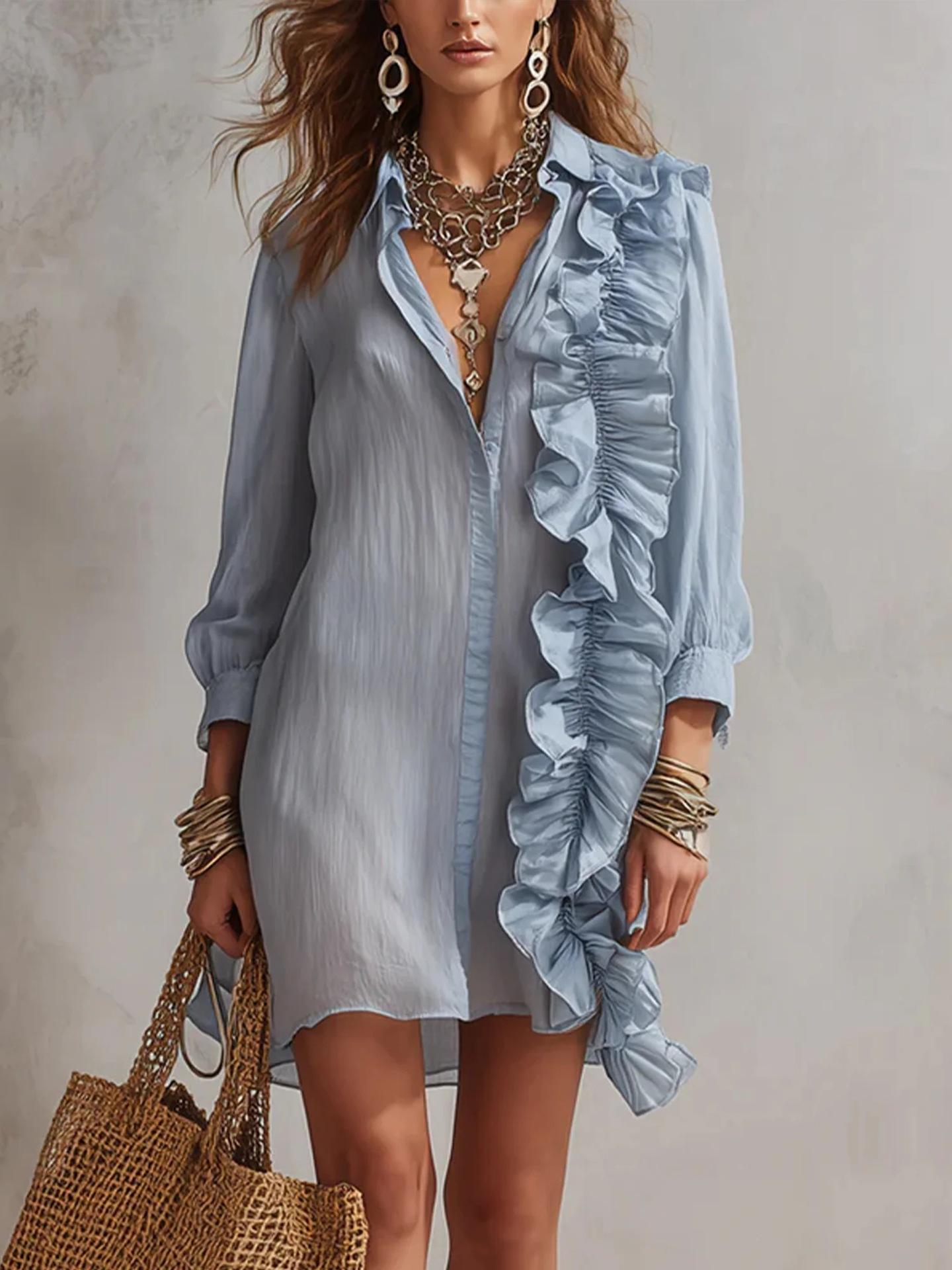 Holiday style simple ruffle edge Polo collar dress women s summer new thin slim skirt S