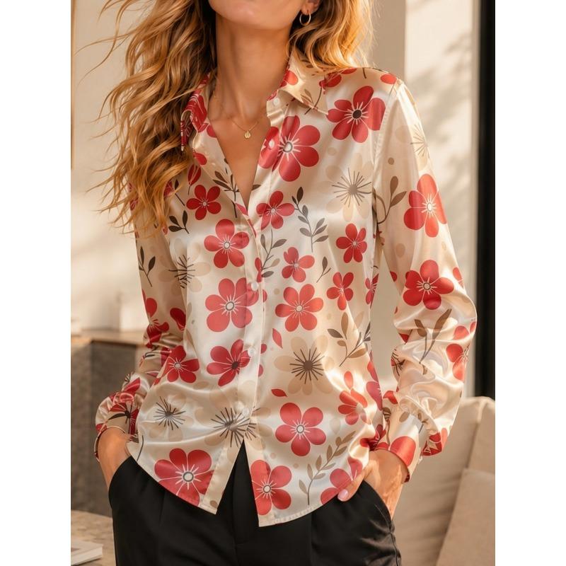 Damen Satin Floral Print Hemd Langarm Button-Down Bluse Elegantes Büro Dame Lässiges Lockeres Oberteil Frühling Herbst Modebekleidung