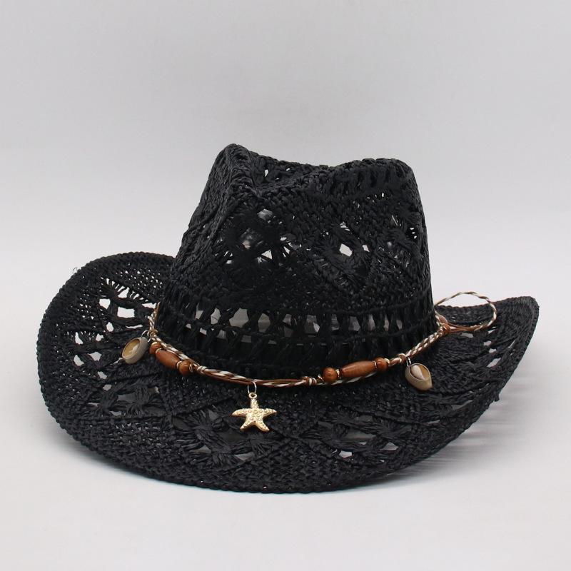 Cross-Border Summer Malan Orchid Hollow Western Denim Straw Jazz Top Hat Hat Upturned Along Eaves Shading Sunscreen Straw Hat