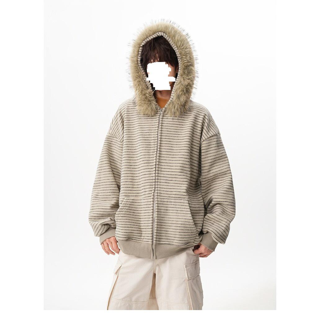 

American Retro Striped Fur Collar Hooded Cardigan - Autumn High-End Versatile Loose Fit L бежевий