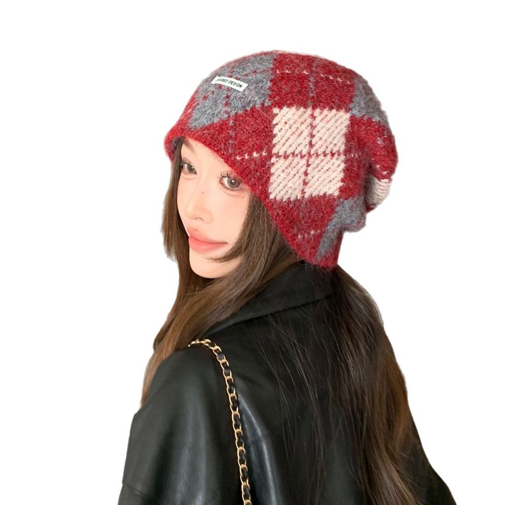 Japan and South Korea Classic Retro Rhombus Grid Color Matching Knitted Hat Japan and South Korea New Wool Hat Women's Versatile Fashion Casual Hat